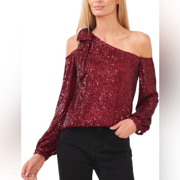 CeCe Tops - CeCe Burgundy Sequin Top- X-Small